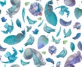 Delicate romantic seamless pattern of blue watercolor elements: birds, feathers, flowers on a white background. Hand drawn for