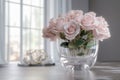 Delicate roses bouquet in vase, window light airy background. Generative AI