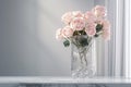 Delicate roses bouquet in vase, window light airy background. Generative AI