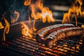 A delicate sausage lies on a flamed grill