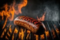 A delicate sausage lies on a flamed grill