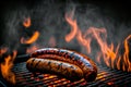 A delicate sausage lies on a flamed grill