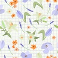 A delicate seamless pattern with hand-drawn spring flowers on a light checkered background in pastel colors. Royalty Free Stock Photo
