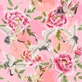 Delicate seamless pattern with Japanese white cranes and chrysanthemums