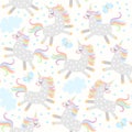 Delicate seamless pattern with light grey little unicorns frolicking in the sky, blue butterflies and clouds. Vector illustration