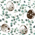 Delicate seamless background with quail eggs and eucalyptus branches. Easter pattern, vector illustration