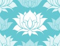 Delicate seamless pattern with white silhouettes of lotuses. Water lilies on turquoise. Wallpaper for spa salons and yoga centers