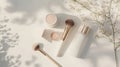 A delicate setup featuring lipstick, makeup brushes, and powder on a light backdrop, accented with gentle floral Royalty Free Stock Photo