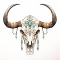 Delicate Shaded Bull Skull Illustration With Turquoise Beads And Gold Charm