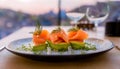 Delicate smoked salmon with avocado purÃÂ©e, a sophisticated appetizer Royalty Free Stock Photo