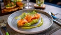 Delicate smoked salmon with avocado purÃÂ©e, a sophisticated appetizer Royalty Free Stock Photo