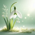 Delicate snowdrop flower in the rays of the sun on a light green background for online publications with space for text