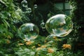 delicate soap bubbles floating over a verdant garden
