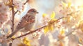 A delicate sparrow perches among the blooming cherry blossoms, a symbol of the joyful chorus that accompanies the arrival of