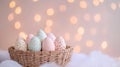 Delicate Speckled Easter Eggs in a Rustic Wicker Basket with a Soft Bokeh Background for Spring Joy. Royalty Free Stock Photo