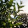 A delicate spider web adorned with dewdrops is centered around a small transparent Royalty Free Stock Photo