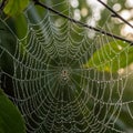 A delicate spider web is adorned with dewdrops suspended between tree Royalty Free Stock Photo