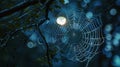 A delicate spider web glistens in the moonlight a symbol of the intricate beauty found in solitude. .