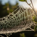 A delicate spider web hangs between branches, adorned with dewdrops that glisten in the sunlight. Royalty Free Stock Photo