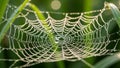 Close-up of dew-covered spider web glistening in morning sunlight Royalty Free Stock Photo