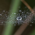 A delicate spiderweb is adorned with numerous small water droplets, highlighting its