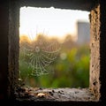 Framed View of a Dewy Spiderweb at Dawn Royalty Free Stock Photo