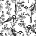 Delicate spring background. Great tits on willow branches in sketched style. Hand drawn passerine bird and flowers seamless