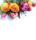 A delicate spring bouquet of yellow roses, pink tulips and Alstroemeria. Royalty Free Stock Photo