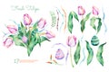 Delicate spring floral collection with tulips,leaves,branches,easter eggs