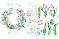 Delicate spring floral collection with tulips,leaves,branches,easter eggs