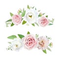 Delicate spring flowers bouquet. Floral wreath vector watercolor illustration. Blush pink rose, white lisanthus, dahlia, delicate
