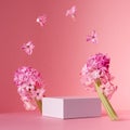 Delicate spring mock up for cosmetic and product display with white square podium, tender hyacinth flowers flying as frame.