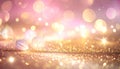 Delicate string lights with white spherical ornaments on a sparkling glitter surface with bokeh background Keywords Royalty Free Stock Photo