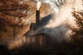 Delicate Tendrils Of Smoke Curl Upwards From Cozy Cottage Chimney. Generative AI