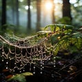 The delicate threads of broken spider webs shimmer with dew or perhaps rain during sunrise Royalty Free Stock Photo