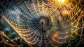 Delicate threads of a intricate spider web glisten against a dark, mysterious background, showcasing its complex geometric pattern
