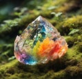 A delicate, translucent crystal, reflecting the light in a rainbow of colors, nestled in a bed of lush green moss.