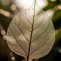 A delicate, translucent leaf skeleton is captured against a blurred natural background. The Royalty Free Stock Photo