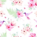 Delicate tropical flowers with hummingbirds seamless vector prin Royalty Free Stock Photo