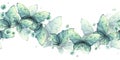 Delicate turquoise and blue butterflies with bubbles are airy, light, beautiful. Hand drawn watercolor illustration