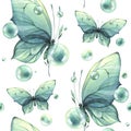 Delicate turquoise and blue butterflies with bubbles are airy, light, beautiful. Hand drawn watercolor illustration