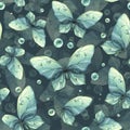 Delicate turquoise and blue butterflies with bubbles are airy, light, beautiful. Hand drawn watercolor illustration