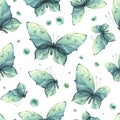 Delicate turquoise and blue butterflies with bubbles are airy, light, beautiful. Hand drawn watercolor illustration