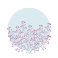 Delicate twigs with pink flowers on a blue circle and white back