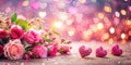 A Delicate Valentines Day Background Featuring Pink Bokeh Hearts and Flourishing Flowers Perfect for Romantic Royalty Free Stock Photo