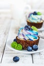 Delicate vanilla cupcakes with cream and berries on a white wooden background Royalty Free Stock Photo