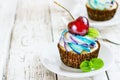 Delicate vanilla cupcakes with cream and berries on a white wooden background Royalty Free Stock Photo