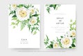 Delicate vector floral editable wedding invite, save the date card set. Light yellow, garden rose flowers, spring fern, green vine Royalty Free Stock Photo