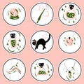 Delicate vector highlight witchcraft doodle icons set. Hand drawn magic line witchy esoteric objects