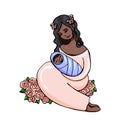 A delicate vector illustration of attractive young afro-american woman holds her black newborn sleeping baby